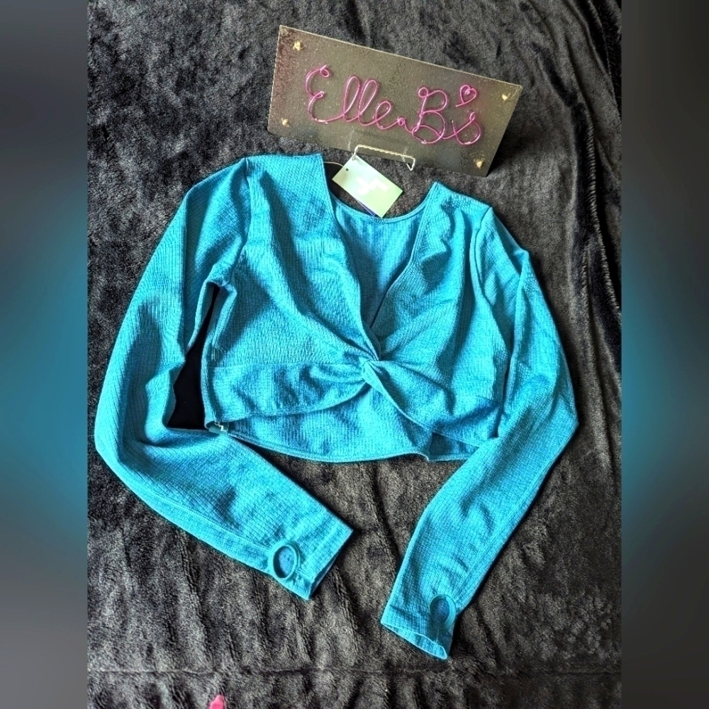 NWT Joy Lab Blue/Teal Long Sleeve Seamless Twist Front Top XL
